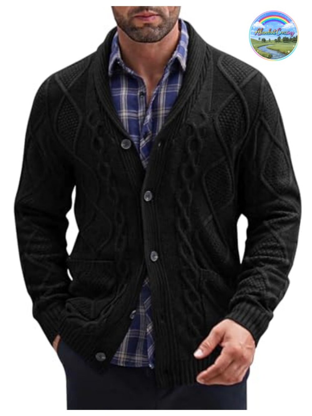 Mens Shawl Collar Cardigan Sweater Slim Fit Button Down Cable Knitted with